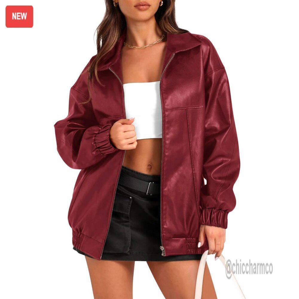 Oversized Faux Leather Bomber Jacket Zip Up Motorcycle Style S-XXL